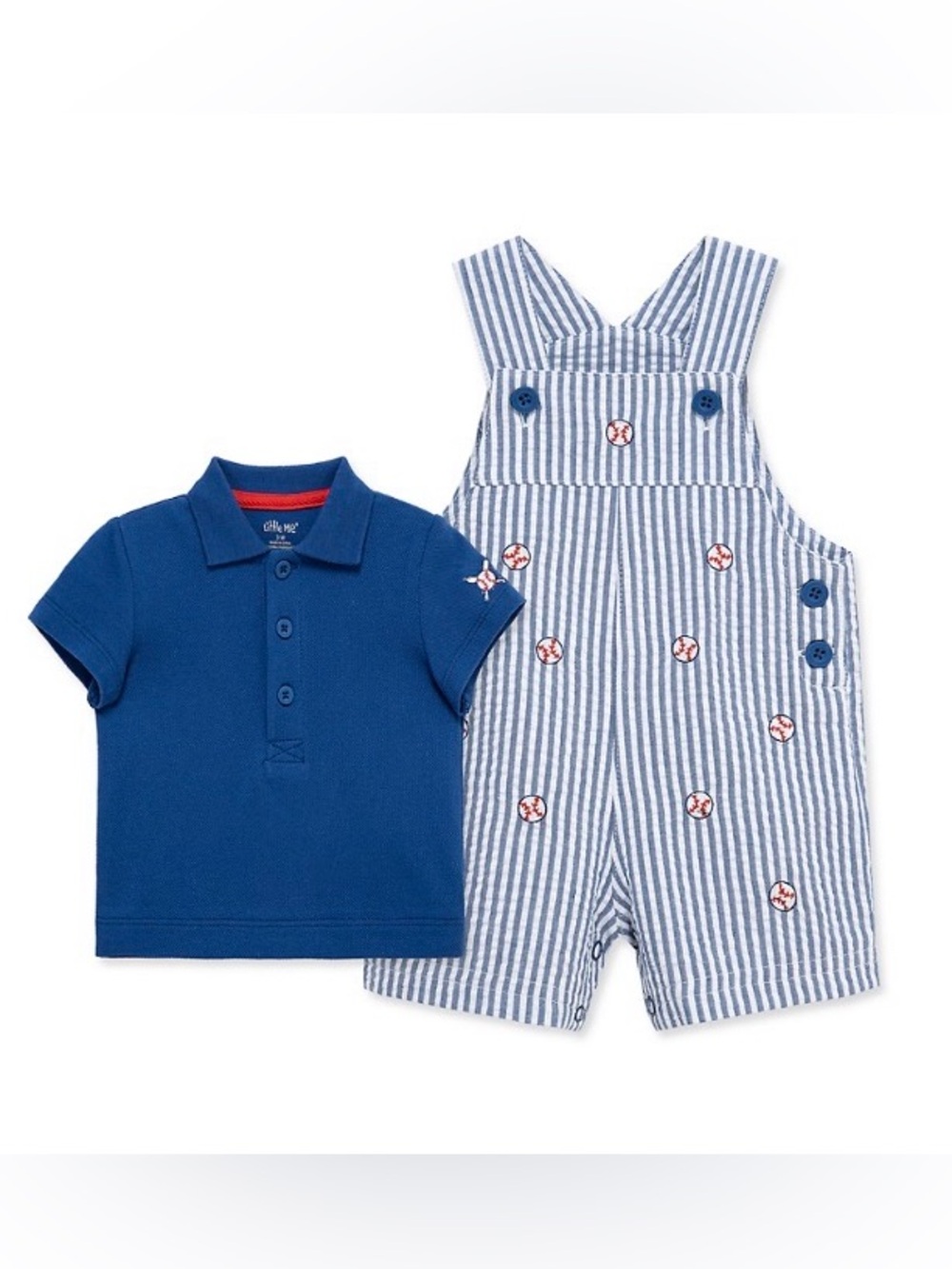 Little Me Navy & White Striped Baseball Overalls w/ Matching Collared Shirt 9M